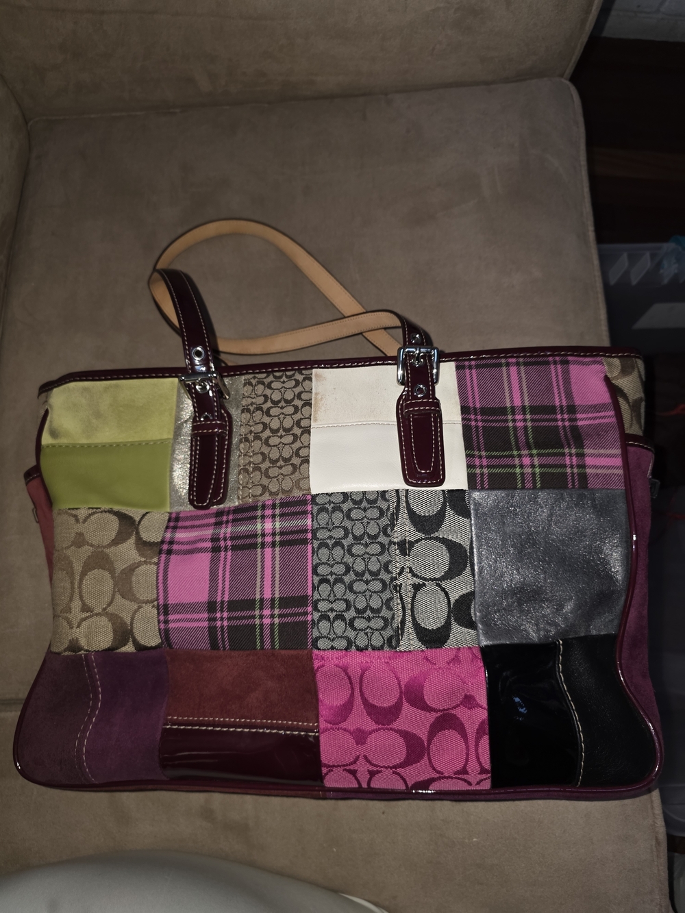 Coach Holiday Patchwork Tote Pink, Green, Black Multi With Patent Burgundy Trim